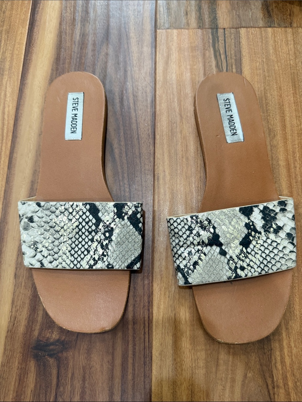 Steve Madden Tan Slides with Black & Cream Snake-Print Strap